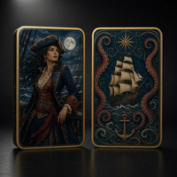 Carte de collection en métal double face, motif Ancrage de galion de la Reine des pirates, avec cadre doré, compas, Kraken, lune nautique, cadeau