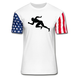 Unisex Running Man Celebrates Stars & Stripes T-<b>Shirt</b> Celebrate Independence Day with a Stylish Promotional T-<b>Shirt</b> - Product Image 1