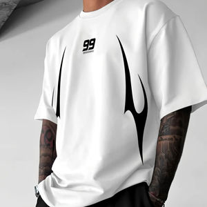 T-shirt en coton blanc surdimensionné pour homme, manches courtes, col rond, décontracté, couleur unie, jersey tricoté, design simple - Product Image 2