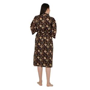 Robe de maison bohème imprimée à la main, Kimono indien en pur coton noir safran, motif floral botanique, Cache-maillot de bain de plage - Product Image 3