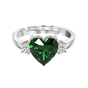 CLARA Boho Style 925 Sterling <b>Silver</b> Dark Green Heart <b>Ring</b> for Swiss Zirconia <b>Adjustable</b> Band Rhodium Gift for Women Girls - Product Image 1
