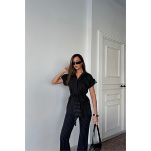 Conjunto de Blusa y Pantalones de Poliviscosa Negra a Rayas para Mujer - Product Image 2