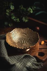 <b>Large</b> handcrafted metal dates <b>bowl</b> with embossed floral motifs for festive serving and traditional home decor - Product Image 2