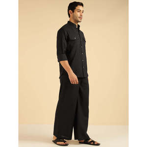 Amanush <b>Men's</b> Black Cotton Solid Co-Ord Set Full Sleeves Mandrin Collar Shirt And Ankle Length Trouser Casual Summer Wear Outfit - Product Image 6