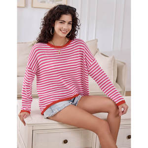 Pull en tricot à col rond à rayures grises pour femmes, manches longues, pour l'automne et l'hiver - Product Image 4