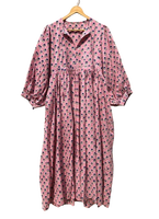 Robe midi rose 100 % coton tissé patchwork à motifs floraux, manches longues, col rond, fermeture à cordon, douce, respirante, écologique, automne