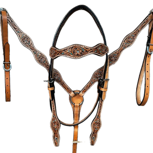 Juego de arnés para caballo estilo western, con cuero repujado floral, color verde azulado con puntos, incluye cabezada, pechera y riendas, tallas completo/cob, duradero - Product Image 3
