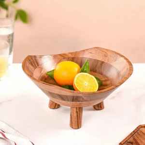 Plat de service en bois naturel en forme de bateau avec poignées, coupe marquise ovale incurvée, bol à fruits en bois de manguier, présentation de vaisselle unique - Product Image 3