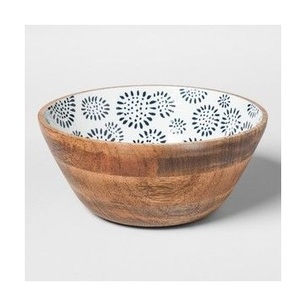 Grand bol de service en bois d'aspect bambou fait à la main, ustensiles de cuisine écologiques avec intérieur en émail floral, saladier de fruits décoratif - Product Image 5