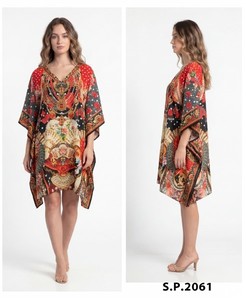Digital Printed Feather Polysilk <b>Kaftan</b>-<b>Summer</b> Casual Women's Maxi Short Sleeve - Product Image 2