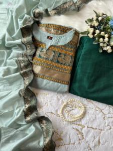 Pantalones Kurti de algodón Kanchi puro y Dupatta con Jaccard que agita el trabajo compras en línea India para la venta - Product Image 3