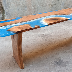 Isla de mesa de comedor de resina epoxi moderna y duradera con diseño de borde vivo azul océano para áreas de comedor de hoteles y villas - Product Image 3