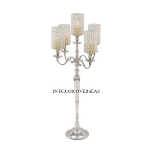 Villa fiestas y mesa de centro de mesa boda decoración plata brillante Acero inoxidable pulido y cristal transparente candelabro con cuentas - Product Image 1