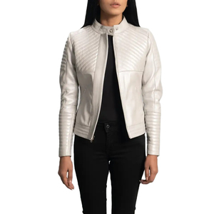 OEM Real Leather Sheepskin Zipper Ice Maiden <b>Silver</b> Quilted Women Biker <b>Jacket</b> with Quilted Lining and Inside Outside ODM - Product Image 1