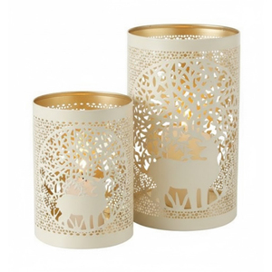 Wholesale <b>White</b> & Gold Metal Deer Family Cutout Votive Tealight Candle Holder <b>Lantern</b> Set Of 2 Christmas Tabletop Home Decor - Product Image 1