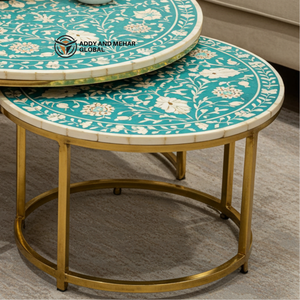 โต๊ะกาแฟทรงกลมฝังทำจากกระดูกและเรซินสีฟ้าหรูหราทันสมัยพร้อมลวดลายดอกไม้และฐานโลหะสีทองผู้จำหน่ายอินเดีย - Product Image 6