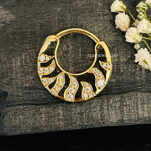 14K Solid <b>Gold</b> Natural Diamond Crescent Septum Fire Piercing FIne Jewelry. - Product Image 1