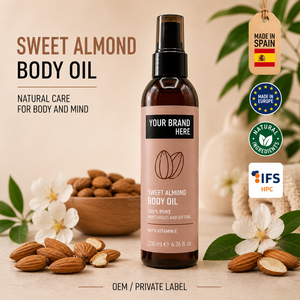 Huile d'amande douce en marque privée 200ml OEM |   Huile corporelle 100% pure d'amande |   Soin hydratant anti-vergetures |   Fabriqué en Espagne UE - Product Image 1