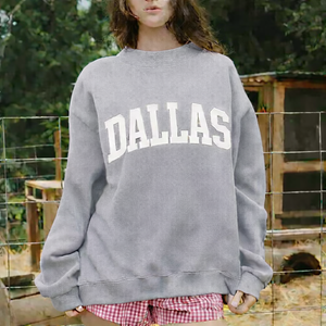 Women Oversize <b>Stand</b> Collar Printed Sweatshirt Crystal Badge Front Detail Autumn/Winter Casual Loose Fit Soft Fabric Pullover - Product Image 1