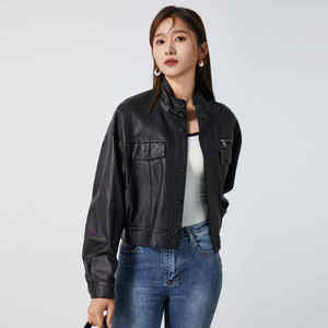 Veste en cuir de mouton véritable pour femmes doux long Streetwear col montant vêtements d'extérieur décontractés doublure en laine imperméable vélo à moteur - Product Image 1