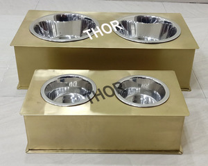 Double Pet <b>Feeder</b> Dog Bowl Stainless Steel Non Skid Bowl Brass Polished Set of 2 Small to Large Dogs and <b>Cats</b> - Product Image 2