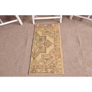 1.4x3.1 ft Rug, Vintage Turkish Rug, <b>Brown</b> Yellow Moroccan <b>Wool</b> Rug - Product Image 1