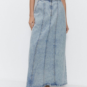 Promotional High Waist Zipper Closure Full Fluted Maxi Denim <strong>Skirt</strong> <strong>For</strong> Women's With Back Pockets &amp; Casual Wear Light Wash <strong>Skirt</strong> - Product Image 3