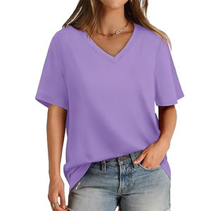 Venta al por mayor de camisetas de manga corta de Color púrpura de verano para mujer, decoración bordada, lona transpirable, estilo con cuello en V - Product Image 1