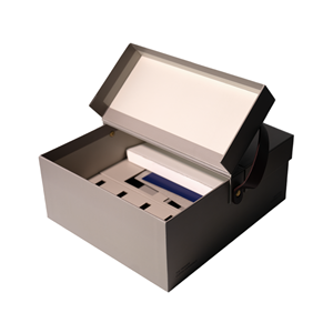 Boîte cadeau personnalisée de couleur claire avec poignée en cuir à motif violet et diviseur intérieur Boîte en papier rigide de luxe pour ensemble de tasses à café - Product Image 5