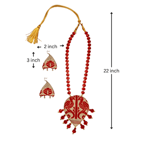 Handmade Traditional Assamese Gamusa <b>Red</b> Muga <b>Silk</b> Necklace Set with Earrings Ethnically Styled Wedding Jewelry - Product Image 3