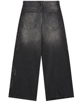 Jeans en denim à jambe large pour homme, noir et gris délavé, taille haute, coupe ample, streetwear, motif de flamme brodé, fabricant OEM personnalisé