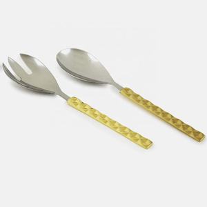 Royal Design Flat Long Rectangular Shape Gold Pulido Mango Acero inoxidable Plateado Juego de servir ensalada para boda - Product Image 1