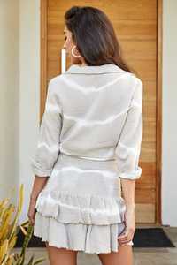 Women's Beige Cotton Solid Vintage Two <b>Piece</b> <b>Set</b> Tie Front Shirt Long Sleeve Tiered Midi <b>Skirt</b> Boho Outfit - Product Image 3