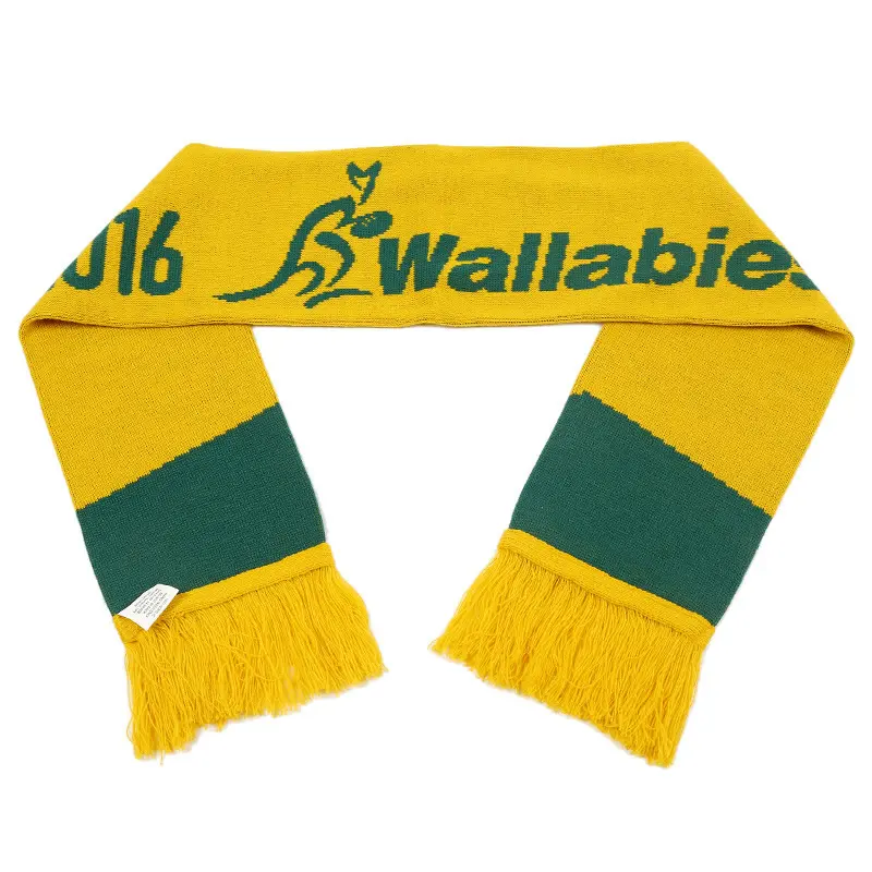 Kustom kuning hijau personalisasi Jacquard akrilik tim olahraga sepak bola penggemar syal rajut syal