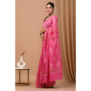 Elegante Sari de seda Chanderi con estampado de Bagru para reuniones formales e informales Sari de seda Chanderi con estampado de Bagru hecho a mano - Product Image 4