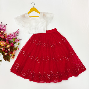 Conjunto de Lehenga Choli Rojo de Moda Shoryam para Niñas, con Lentejuelas en Forma de Zigzag, Blusa Blanca con Volantes, Largo hasta el Suelo, para Fiestas en Todas las Temporadas - Product Image 1