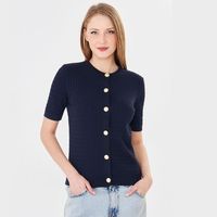 Cárdigan Elegante de Manga Corta para Mujer, Cómodo, Transpirable, de Punto Acanalado, Corte Ajustado, con Botones, Top de Punto para Verano, Estilo Moderno para Damas