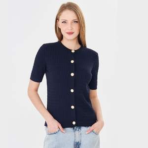 Cárdigan Elegante de Manga Corta para Mujer, Cómodo, Transpirable, de Punto Acanalado, Corte Ajustado, con Botones, Top de Punto para Verano, Estilo Moderno para Damas - Product Image 1