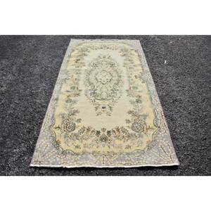 Tapis turc Vintage classique Beige bleu 3.8X7,1 pieds fait à la main en laine Patchwork couloir rectangulaire Design pour salon chambre Latex - Product Image 1