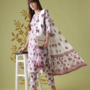 <b>women</b> Floral Printed Pure Cotton Kurta with <b>Trousers</b> & Dupatta indian pakistan salwar kameez suit - Product Image 1