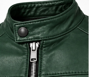 INDEX SPORTS WEAR Chaqueta de Cuero PU Verde para Hombre, Estilo Motero, Cuello Alto, Cierre de Cremallera, Ropa de Otoño - Product Image 5