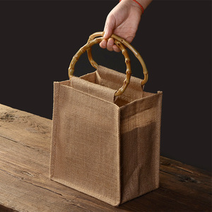 Eco-friendly Custom Logo Silk-screen Printed Jute Tote <b>Bag</b> Bamboo Handles <b>Medium</b> <b>Size</b> Reusable Heavy Duty Shopping Outdoor Use - Product Image 5