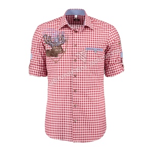 ที่กําหนดเองผ้าฝ้าย 100% ตรวจสอบผ้าเสื้อเชิ้ตผู้ชายแขนสั้นปุ่มปิดรอบปกกระเป๋าหน้าอกภายในป้ายคอทอ - Product Image 1