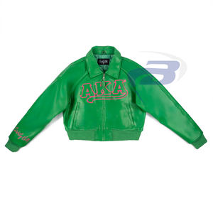 Alpha pour femmes |   Kapa |   Blouson universitaire Alpha en cuir PU vert personnalisé pour sororité, respirant, coupe-vent, vêtement d'extérieur d'hiver - Product Image 1