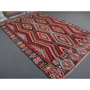 Alfombra Turca Vintage Grande de 6.4x10.7 pies, Alfombra de Lana a Rayas Roja y Naranja - Product Image 1