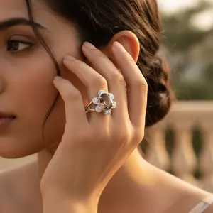 925 <b>Silver</b> Smoky Quartz Statement <b>Ring</b> for Women Handmade <b>Boho</b> Floral Design Platinum with Pear Cut Topaz Main Material - Product Image 1