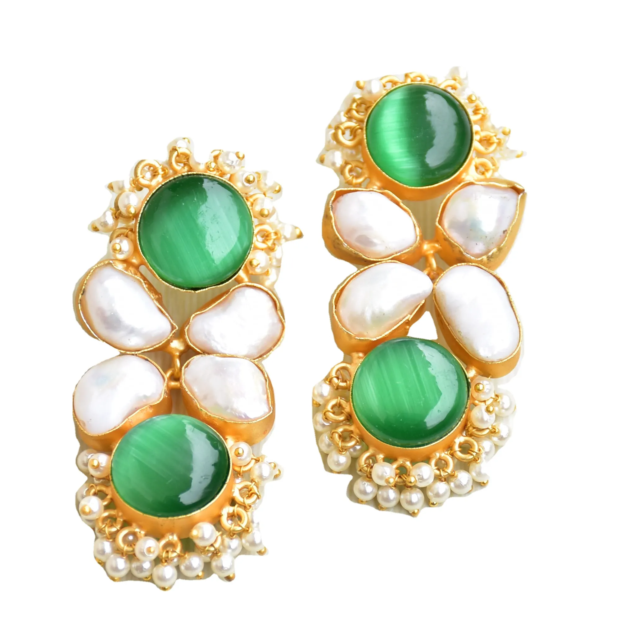 الأخضر الزفاف طويلة القرط اليدوية بيان مجوهرات الهندي المصنعين و الموردين اللؤلؤ القرط مجوهرات مطلية بالذهب