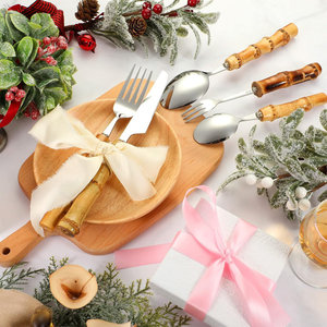 Juego de cubiertos de acero inoxidable con mango de bambú natural de 120 piezas, juegos de vajilla para el hogar, restaurante, fiesta, uso - Product Image 5