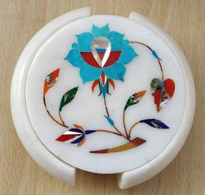 Ensemble de dessous-de-verre en marbre avec incrustation turquoise, dessous-de-verre en pierre faits à la main, cadeau, décoration de la maison, accessoires de table basse - Product Image 1