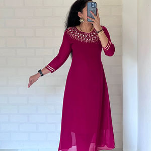 Top Bottom Blooming Foux Georgette Double <b>Mirror</b> Handwork Designer Sleeves Summer Straight Silhouette Sweet Natural Knee-Length - Product Image 1